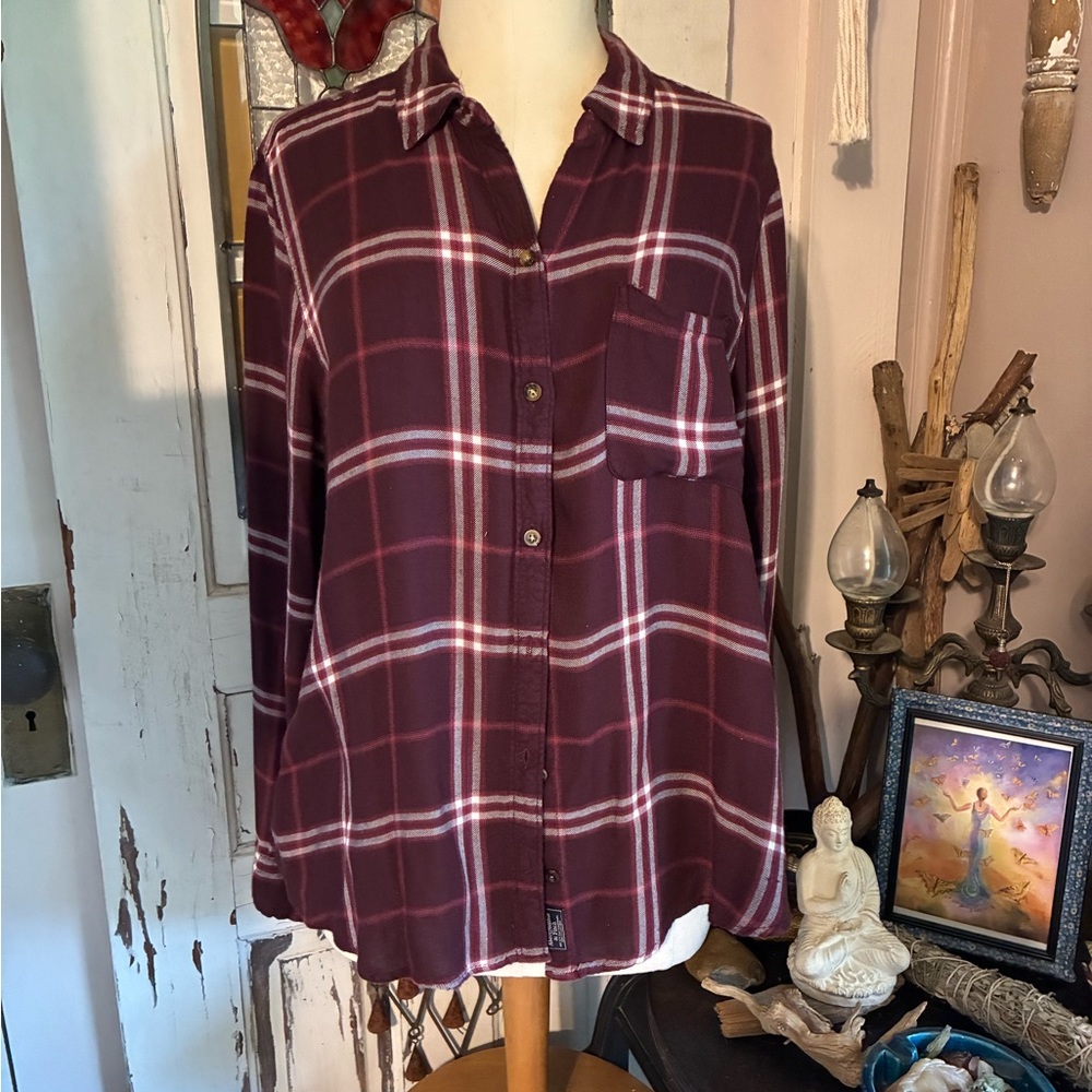 Abercrombie & Fitch Burgundy Plaid Shirt with Graphic Patch - Picture 2 of 3